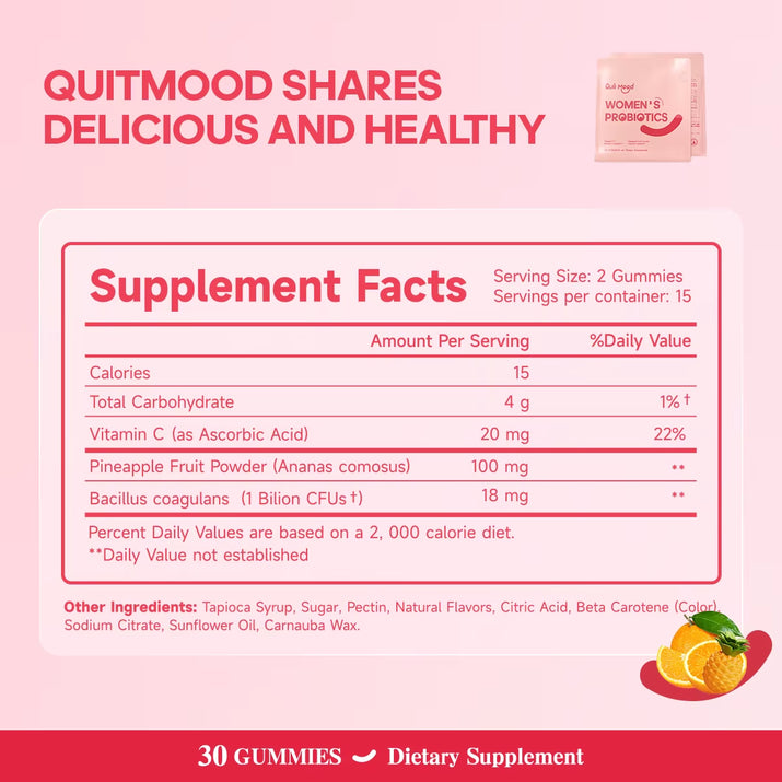 Quitmood Women'S Probiotics Feminine Ph Balance Gummies -Hawaiian Pineapple - Individual Package Vitamin C